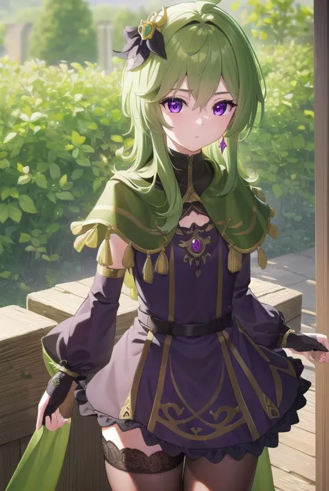 collei, <lyco:collei-lyco-nochekaiser:1>,
collei, crossed bangs, green hair, hair ornament, medium hair, (purple eyes:1.1), sidelocks,
BREAK black gloves, black skirt, black straps, bridal gauntlets, brown thighhighs, capelet, detached sleeves, gem, gloves, green capelet, green gemstone, jewelry, long sleeves, puffy long sleeves, puffy sleeves, shirt, skirt, sleeveless, sleeveless shirt, thighhighs, zettai ryouiki
BREAK outdoors, nature, forest,
BREAK looking at viewer, (cowboy shot:1.5), upper body,
BREAK <lyco:GoodHands-beta2:1>, (masterpiece:1.2), best quality, high resolution, unity 8k wallpaper, (illustration:0.8), (beautiful detailed eyes:1.6), extremely detailed face, perfect lighting, extremely detailed CG, (perfect hands, perfect anatomy),