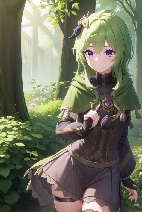 collei, <lyco:collei-lyco-nochekaiser:1>,
collei, crossed bangs, green hair, hair ornament, medium hair, (purple eyes:1.1), sidelocks,
BREAK black gloves, black skirt, black straps, bridal gauntlets, brown thighhighs, capelet, detached sleeves, gem, gloves, green capelet, green gemstone, jewelry, long sleeves, puffy long sleeves, puffy sleeves, shirt, skirt, sleeveless, sleeveless shirt, thighhighs, zettai ryouiki
BREAK outdoors, nature, forest,
BREAK looking at viewer, (cowboy shot:1.5), upper body,
BREAK <lyco:GoodHands-beta2:1>, (masterpiece:1.2), best quality, high resolution, unity 8k wallpaper, (illustration:0.8), (beautiful detailed eyes:1.6), extremely detailed face, perfect lighting, extremely detailed CG, (perfect hands, perfect anatomy),