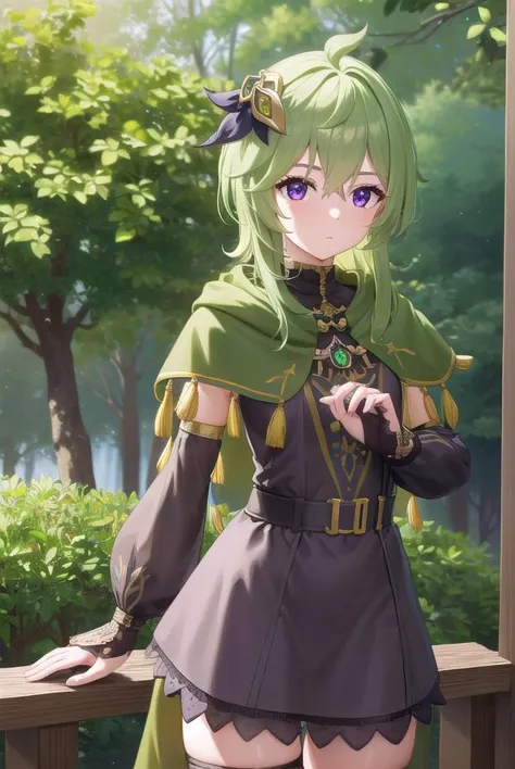 collei, <lyco:collei-lyco-nochekaiser:1>,
collei, crossed bangs, green hair, hair ornament, medium hair, (purple eyes:1.1), sidelocks,
BREAK black gloves, black skirt, black straps, bridal gauntlets, brown thighhighs, capelet, detached sleeves, gem, gloves, green capelet, green gemstone, jewelry, long sleeves, puffy long sleeves, puffy sleeves, shirt, skirt, sleeveless, sleeveless shirt, thighhighs, zettai ryouiki
BREAK outdoors, nature, forest,
BREAK looking at viewer, (cowboy shot:1.5), upper body,
BREAK <lyco:GoodHands-beta2:1>, (masterpiece:1.2), best quality, high resolution, unity 8k wallpaper, (illustration:0.8), (beautiful detailed eyes:1.6), extremely detailed face, perfect lighting, extremely detailed CG, (perfect hands, perfect anatomy),