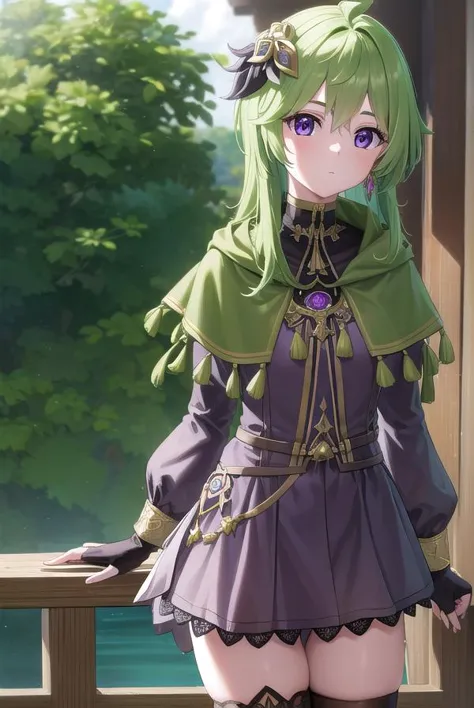 collei, <lyco:collei-lyco-nochekaiser:1>,
collei, crossed bangs, green hair, hair ornament, medium hair, (purple eyes:1.1), sidelocks,
BREAK black gloves, black skirt, black straps, bridal gauntlets, brown thighhighs, capelet, detached sleeves, gem, gloves, green capelet, green gemstone, jewelry, long sleeves, puffy long sleeves, puffy sleeves, shirt, skirt, sleeveless, sleeveless shirt, thighhighs, zettai ryouiki
BREAK outdoors, nature, forest,
BREAK looking at viewer, (cowboy shot:1.5), upper body,
BREAK <lyco:GoodHands-beta2:1>, (masterpiece:1.2), best quality, high resolution, unity 8k wallpaper, (illustration:0.8), (beautiful detailed eyes:1.6), extremely detailed face, perfect lighting, extremely detailed CG, (perfect hands, perfect anatomy),