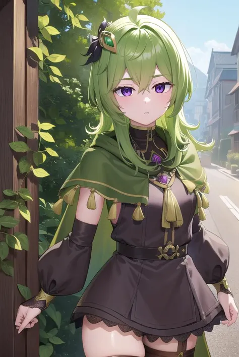 collei, <lyco:collei-lyco-nochekaiser:1>,
collei, crossed bangs, green hair, hair ornament, medium hair, (purple eyes:1.1), sidelocks, <lora:worriedeyes_v100:1>,
BREAK black gloves, black skirt, black straps, bridal gauntlets, brown thighhighs, capelet, detached sleeves, gem, gloves, green capelet, green gemstone, jewelry, long sleeves, puffy long sleeves, puffy sleeves, shirt, skirt, sleeveless, sleeveless shirt, thighhighs, zettai ryouiki
BREAK outdoors, nature, forest,
BREAK looking at viewer, (cowboy shot:1.5), upper body,
BREAK <lyco:GoodHands-beta2:1>, (masterpiece:1.2), best quality, high resolution, unity 8k wallpaper, (illustration:0.8), (beautiful detailed eyes:1.6), extremely detailed face, perfect lighting, extremely detailed CG, (perfect hands, perfect anatomy),