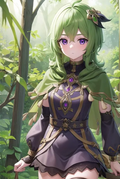 a woman in a green cape and dress standing in a forest