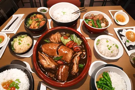 pov, Jantar de hoje, comida chinesa, arroz em um pequeno arco, peixe e repolho em um prato grande, sopa em um grande laço no meio da mesa, mesa de madeira