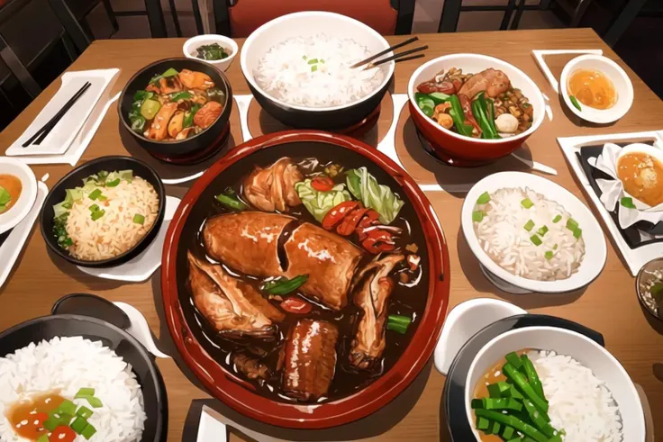 Point de vue, le dîner d&#39;aujourd&#39;hui, Nourriture chinoise, riz dans un petit bol, poisson et chou dans une grande assiette, soupe dans un grand bol au milieu de la table, table en bois