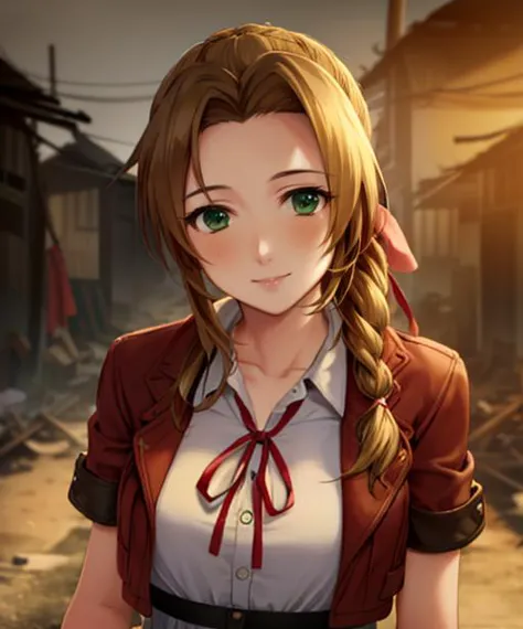 portrait, (adult woman), (1girl, solo), smile, (brown hair), green eyes, ((slums)), (night, hazy), ((best quality, high detail)), ((masterpiece)), aerith gainsborough, hair ribbon, braid, cropped jacket, dress, 