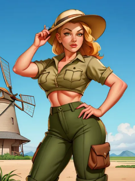 a woman in a safari outfit standing in front of a windmill