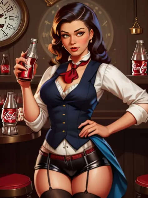 ((SFW)), Coca Cola Pinup Art by Gil_Elvgren and Haddon_Sundblom, 
[ Dana Davis | Freida Pinto ],  pocket watch, waistcoat, and ascot tie , tavern ,
 <lora:CokeGirls:1>