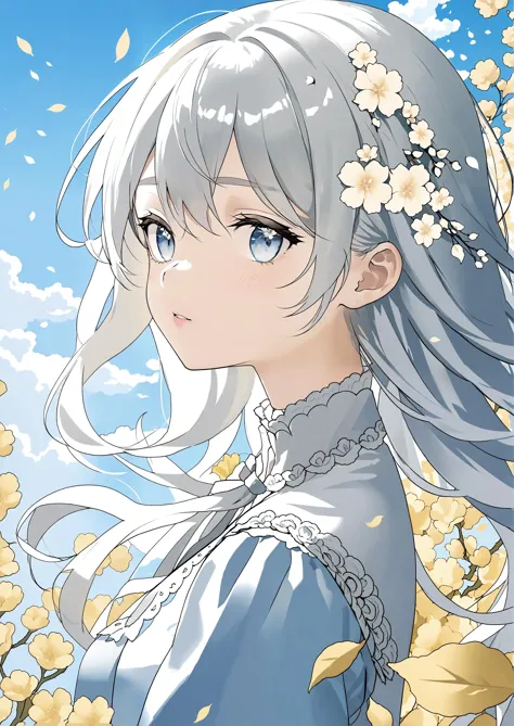 anime girl with long white hair and blue eyes in a field of flowers