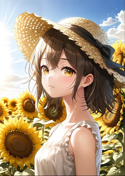 ((Girl in straw hat looking back in a field of sunflowers)), (backlight), (best illumination, best shadow, an extremely delicate and beautiful), Girl on the center axis of the picture, small breasts, ((Sunflowers with the ultimate in detail)), beautiful detailed sky, Perfect body, (beautiful detailed face), extremely delicate and beautiful girls, Sunflower fields at sunset, sunset, black hair, beautiful detailed cloud, (((extremely detailed CG unity 8k wallpaper, masterpiece, best quality, ultra-detailed))), dynamic angle, floating, finely detail, (bloom), (shine), glinting stars, feather,nature,(sunlight), fairyland, (((The character is in the center of the frame)))