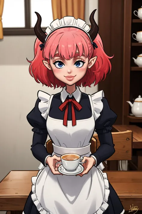 anime girl with horns holding a cup of coffee in a kitchen