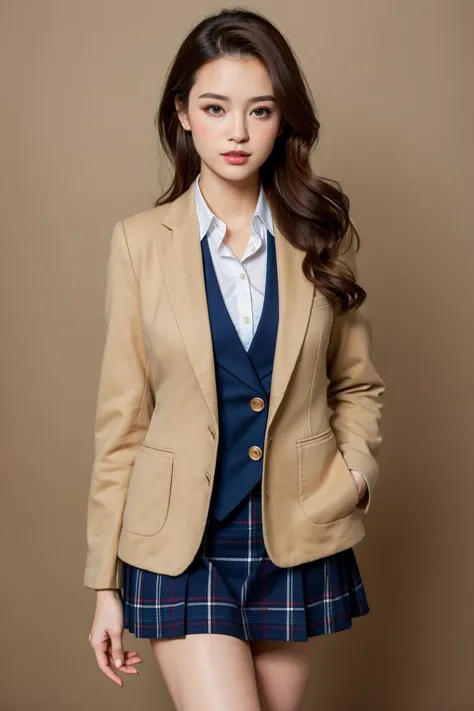 hyper realistic, masterpiece, best quality, ultra detailed, photorealistic, 1girl, standing,  jk, navy blue blazer, large plaid ...