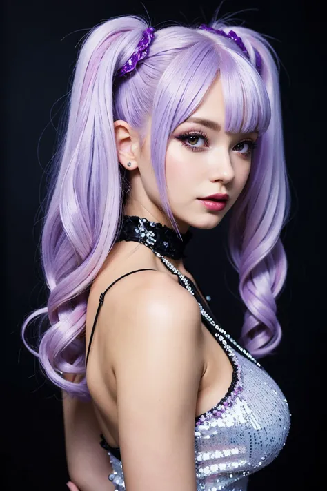 nsfw, hyper realistic, masterpiece, best quality, ultra detailed, photorealistic, 1girl, sexy, gothic gorgeous dress, sequins, white purple hair, curl hair, twin tails, black background