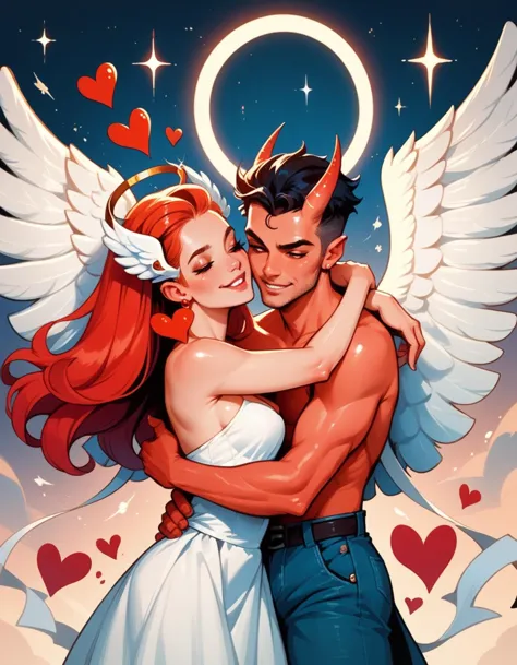 score_9, score_8_up, score_7_up, score_6_up, score_5_up, score_4_up, an angel flying hugging a demon, heart shape, hud_shera_bk_styl, <lora:shera-000007:0.8>,