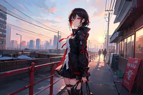 (finely detailed beautiful eyes and detailed face,masterpiece sidelighting,masterpiece,best quality,detailed,high resolution illustration),
(urban techwear, cybernetic background, sunny city),
(1girl,whole body,bishoujo,lustrous skin,looking down,looking at viewer),
(black hair,red eyes,short skirt,ribbon,button shirt)