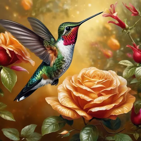 (((fantasy magic stylish 1hummingbird, fancy hat, dance, extreme detailed))), (morning, white rose garden  background, warm tone...