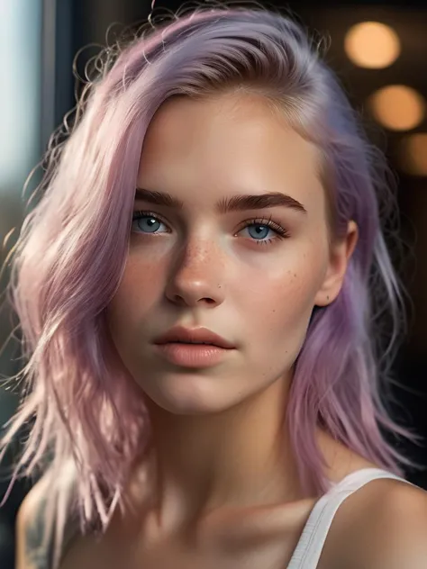 photo of lindo age 18 girl, cabelo pastel, sardas sexy, lindo, fechar-se, jovem, DSLR, 8K, 4K, ultrarealista, realista, pele natural, Pele texturizada