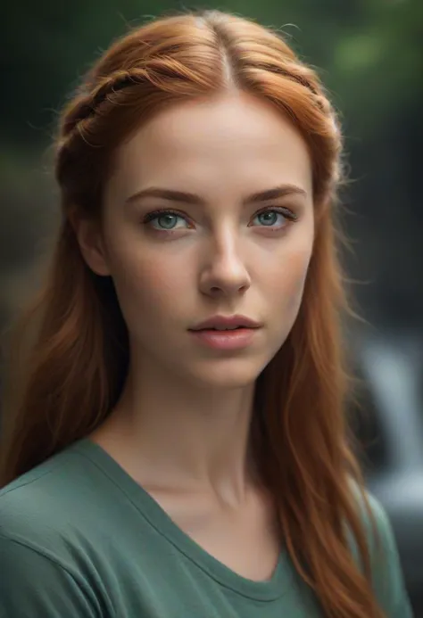 HDR photo of portrait of a beautiful irish woman, face close-up, hyper detailed eyes, detailed skin with a flawless natural texture, braided red hair, natural green eyes, full lips, wearing a t-shirt, and jeans, waterfall in the background, natural lighting accentuates her natural beauty, supersharp focus, bokeh, style of Jovana Rikalo,