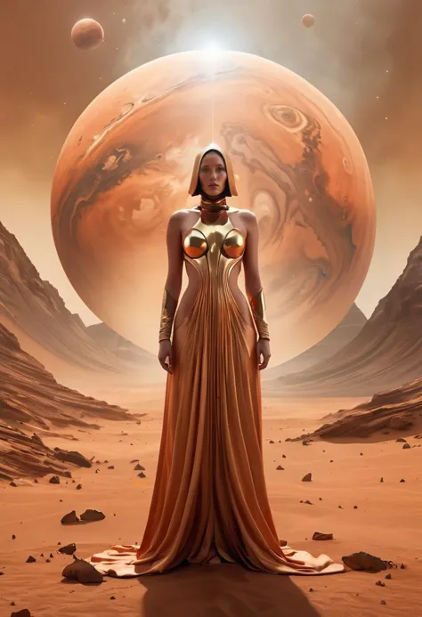 a woman in a long dress standing in front of a planet