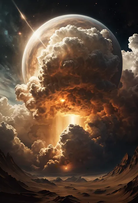 a painting of a planet with clouds and a sun in the sky