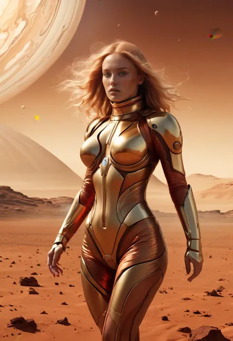 a woman in a gold suit walking on a desert area