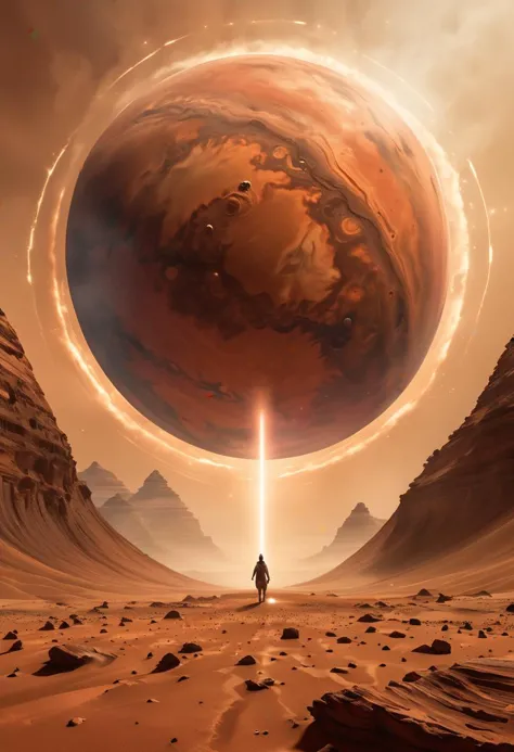 a man walking through a desert with a giant planet in the background