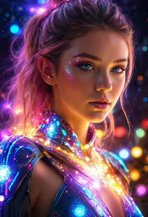 a woman with glowing hair and blue eyes in a futuristic outfit