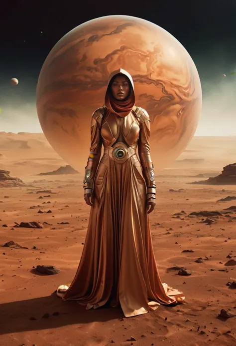 a woman in a gold dress standing in front of a planet