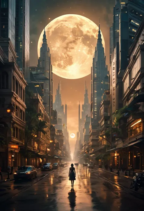 a woman walking down a city street at night with a full moon in the background