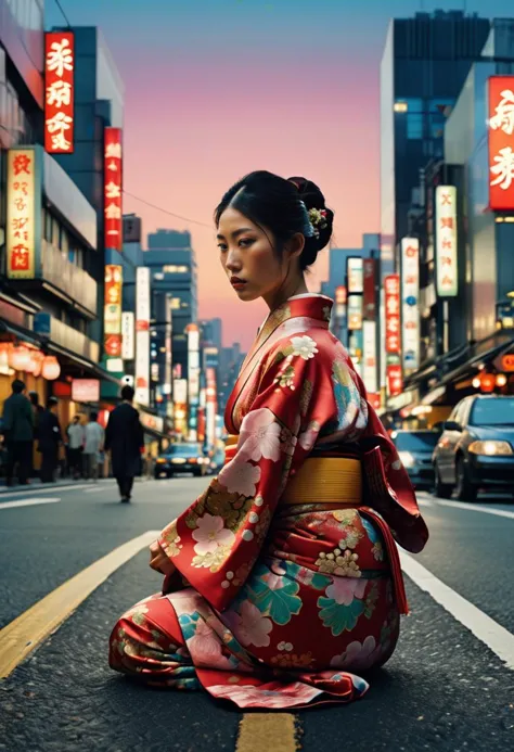 a woman in a kimono sitting on the street in a city