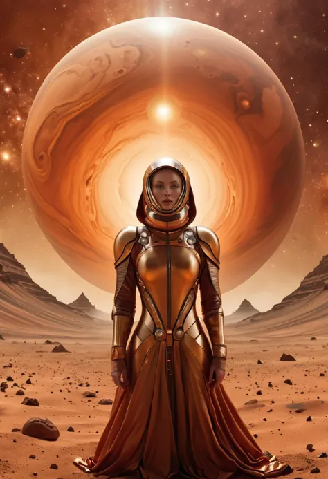 a woman in a space suit standing in front of a planet