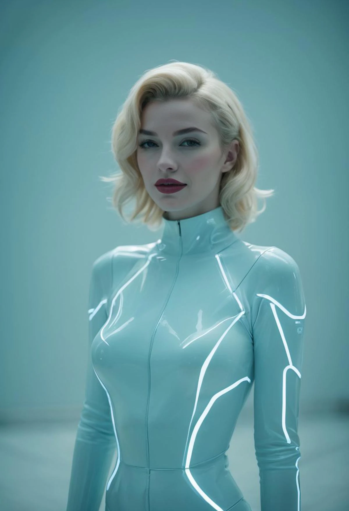 subtle grain, cinematic quality, modern art photograph, Marylin Monroe as a character from the movie Tron, in the style of Tron, fine art photography, shot on Canon EOS 5D Mark III