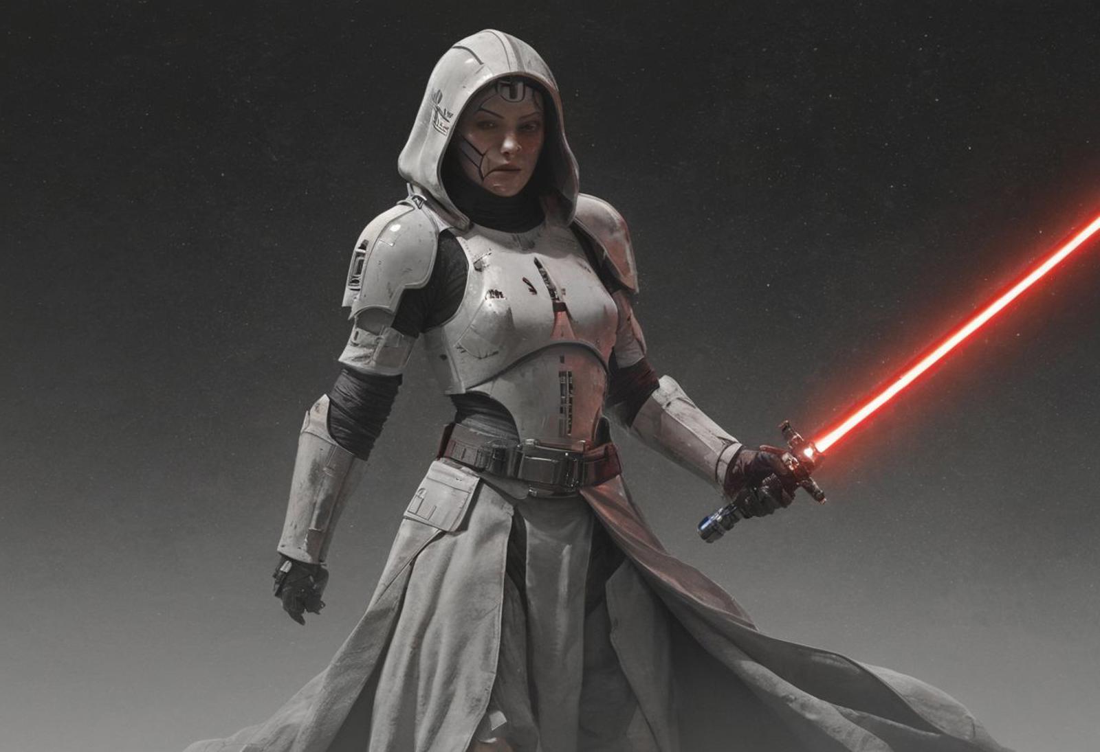 A woman in a star wars outfit holding a light saber - SeaArt AI