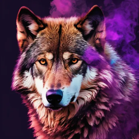 wolf multicolored smoke purple background