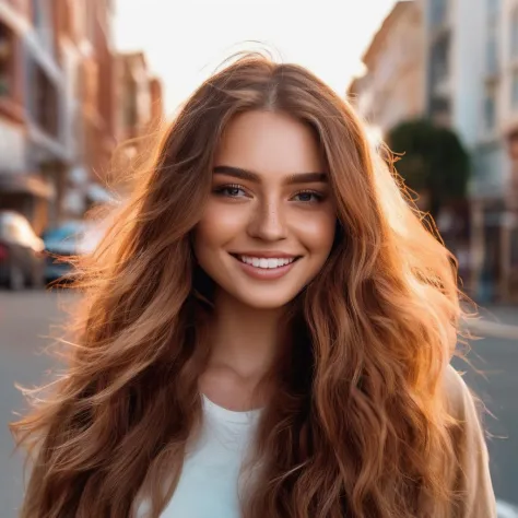 girl walking on street, long hair,gradient hair, trending fashion, masterpiece, realistic, best quality, 8k, look at viewer, detail eyes, detail face, (detail skin),(( pores: 1.3 )), (freckles:0.6), acne, smile, teeth