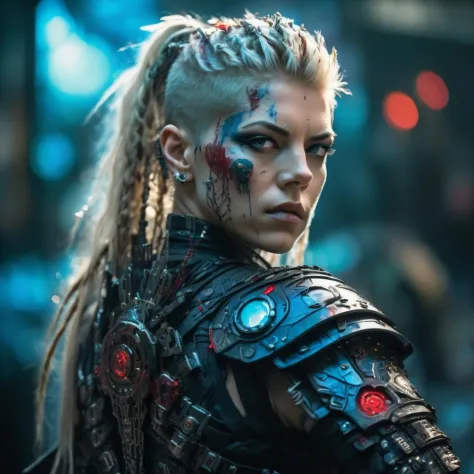 (cyberpunk:1.3) (Lagertha from Vikings) re-imagined as a (cyborg:1.2) with (extensive cybernetic implants:1.2), (wielding huge s...