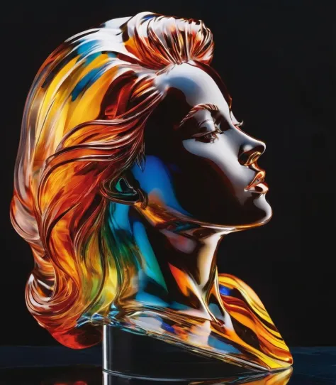 A portrait of glasssculpture, woman in an action pose, with dynamic movement and bold colors. By Alex Ross, Jim Lee, or Jock.<lo...