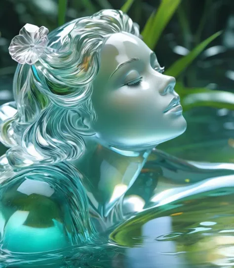 close up glasssculpture of a woman bathing in a river, translucent, transparent, reflections. cgsociety masterpiece, flowers eve...