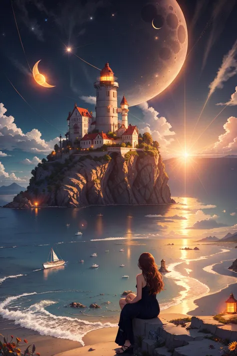 <lora:FuturusticScapes-v2:1>, full moon, sun, planet, horizon, cloud, ocean, sky, water, scenery, crescent moon, beach, moonlight, circle, cloudy sky, shore, lens flare, waves, earth (planet), city, boat, outdoors, mountain, silhouette, night, lake, bird, 1girl, blue sky, bubble, long hair, building, sunburst, river, landscape, reflection, lighthouse, solo, night sky, island, star (sky), sunset, pool, cat, tower, city lights, fantasy, fisheye