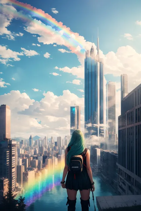 cityscape, city, cloud, scenery, skyscraper, building, cloudy sky, sky, long hair, from behind, outdoors, bird, ruins, 1girl, sunlight, tower, facing away, city lights, green hair, water, sunbeam, light rays, bridge, post-apocalypse, tree, backpack, very long hair, lens flare, knee boots, mountain, river, waterfall, white hair, solo, weapon, skyline, rainbow, neon trim