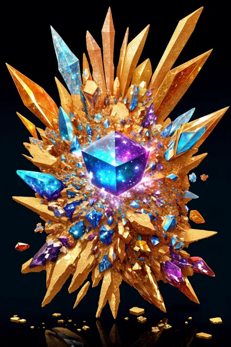 crystal, gold, gems, Fragmented Supernova, Fractured Shards of Crumbling Beauty, Voxel Fractals, Hyper Detailed, Fragments, Eldr...