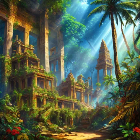 Ancient temple in the jungle, ruins, sun rays, lush tropical vegetation, big flowers, vivid colors, vibrant, aesthetic, beautifu...