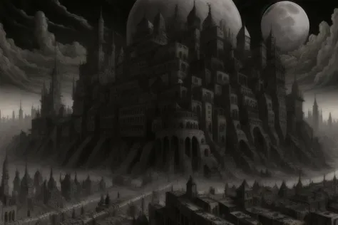 (de cima, vista aérea) distópico sombrio (StackedCityAI:0.5) paisagem urbana, extenso (Cidade de Hive:1.1), (Cidade 17), Arte conceitual HL2, lua, expansão urbana industrial poluída, superpopulação, Mundo Colmeia Imperial Necromunda, (dredd:0.6),  ficção científica barroco neogótico arquitetura estilo Warhammer 40k, (estilo de desenho warhammer-40k:1.1) John Blanche, ( estilo distopia:0.5), melhor qualidade, obra de arte, Papel de parede 8k, tamanho de arquivo enorme, alta resolução, absurdos, Paraíso Perdido, Gustave Dore Hive City Primus surgindo das cinzas, (góticopunk:0.3), nublado, 