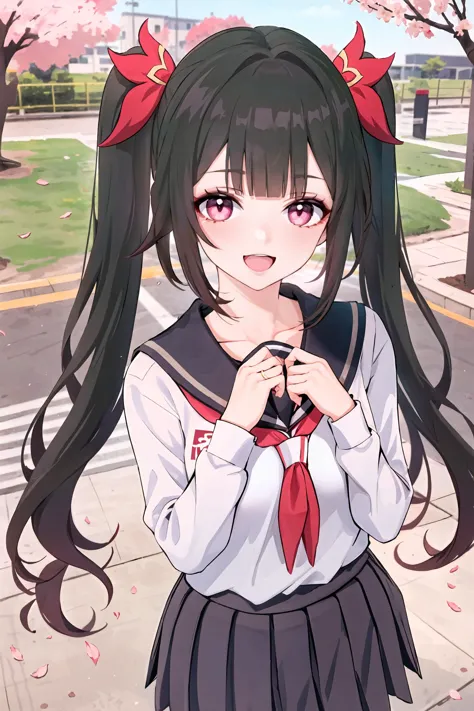 1girl, sparkle \(honkai: star rail\), twintails, solo, school uniform, white shirt, sweater, pleated skirt, pantyhose, light smile, double v, looking at viewer, smile, open mouth, outdoors, street, cherry blossoms, petals, depth of field, masterpiece