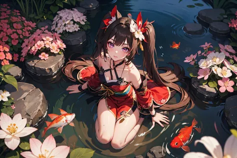 anime girl sitting in a pond with fish and flowers