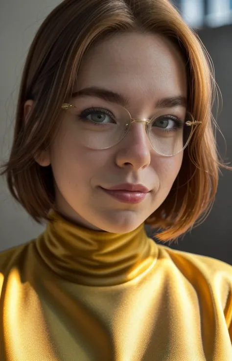 a woman with glasses and a yellow turtle neck sweater