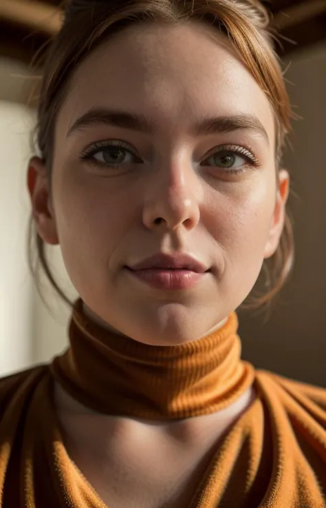 a close up of a woman with a brown sweater and a brown tie