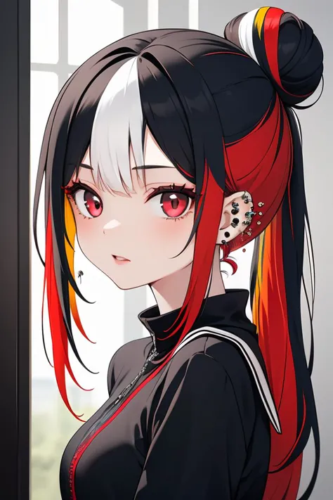 a close up of a anime girl with long hair and red eyes