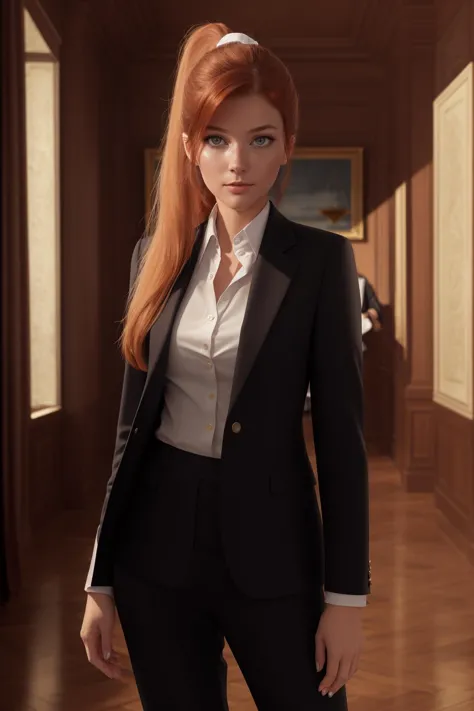 a close up of a woman in a suit standing in a hallway