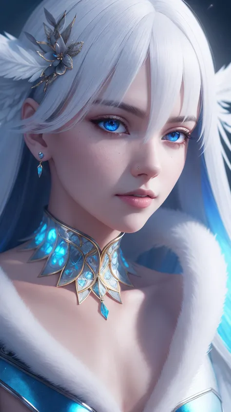 a lady with (a decorated dress:0.76) made of white pearls and white plumes of swan highly detailed digital _ painting, cinematic, volumetric lighting, f 8 aperture, cinematic by denis villeneuv, close-up portrait of an android young man beautiful blue neon iridescent face by