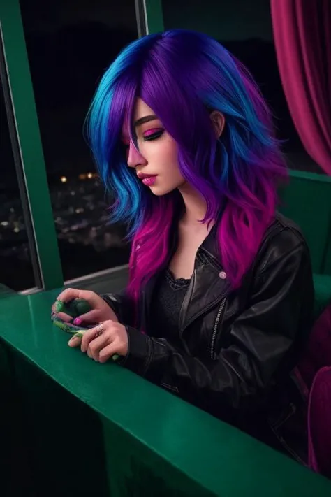 color hair, night,  <lora:hair-v3:0.2>, <lora:LowRA:0.9>